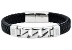 Mens Black Leather And Stainless Steel Imitation Curb Link Bracelet With Cubic Zirconia