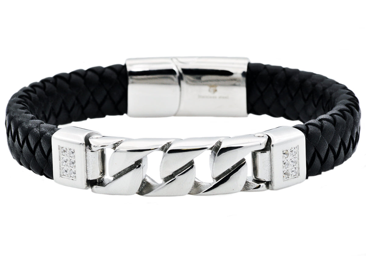 Mens Black Leather And Stainless Steel Imitation Curb Link Bracelet With Cubic Zirconia