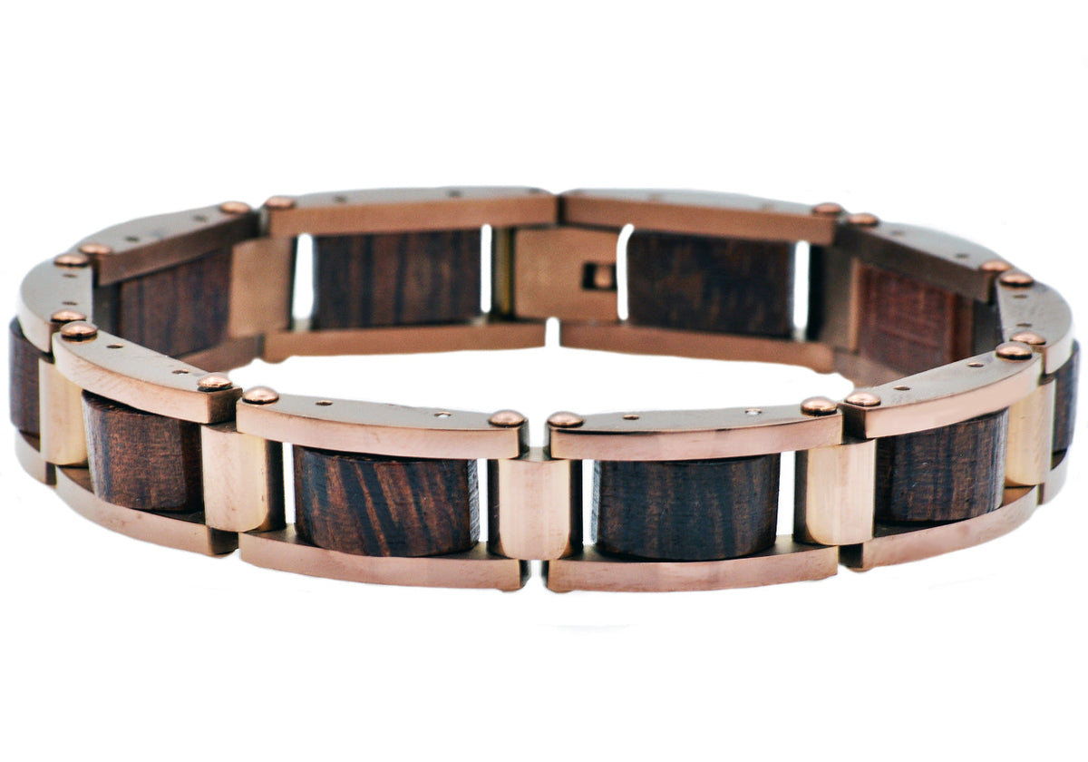 Mens Chocolate Stainless Steel And Wood Bracelet