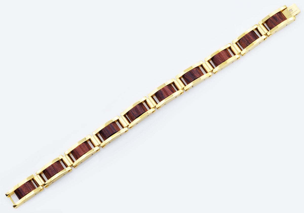 Mens Gold Stainless Steel And Wood Bracelet