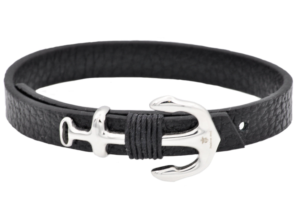 Mens Black Leather Stainless Steel Anchor Bracelet With Adjustable Strap