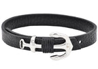 Mens Black Leather Stainless Steel Anchor Bracelet With Adjustable Strap