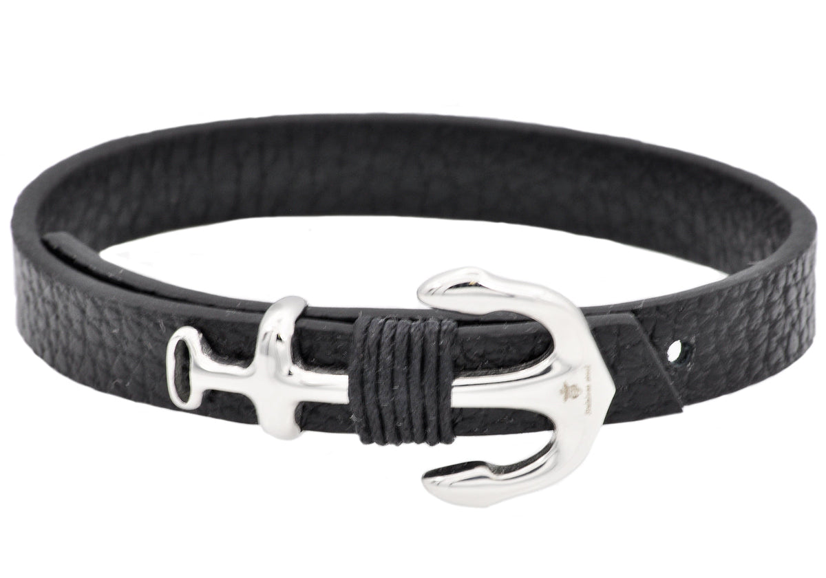 Mens Black Leather Stainless Steel Anchor Bracelet With Adjustable Strap