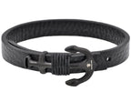 Mens Black Leather Black Stainless Steel Anchor Bracelet With Adjustable Strap