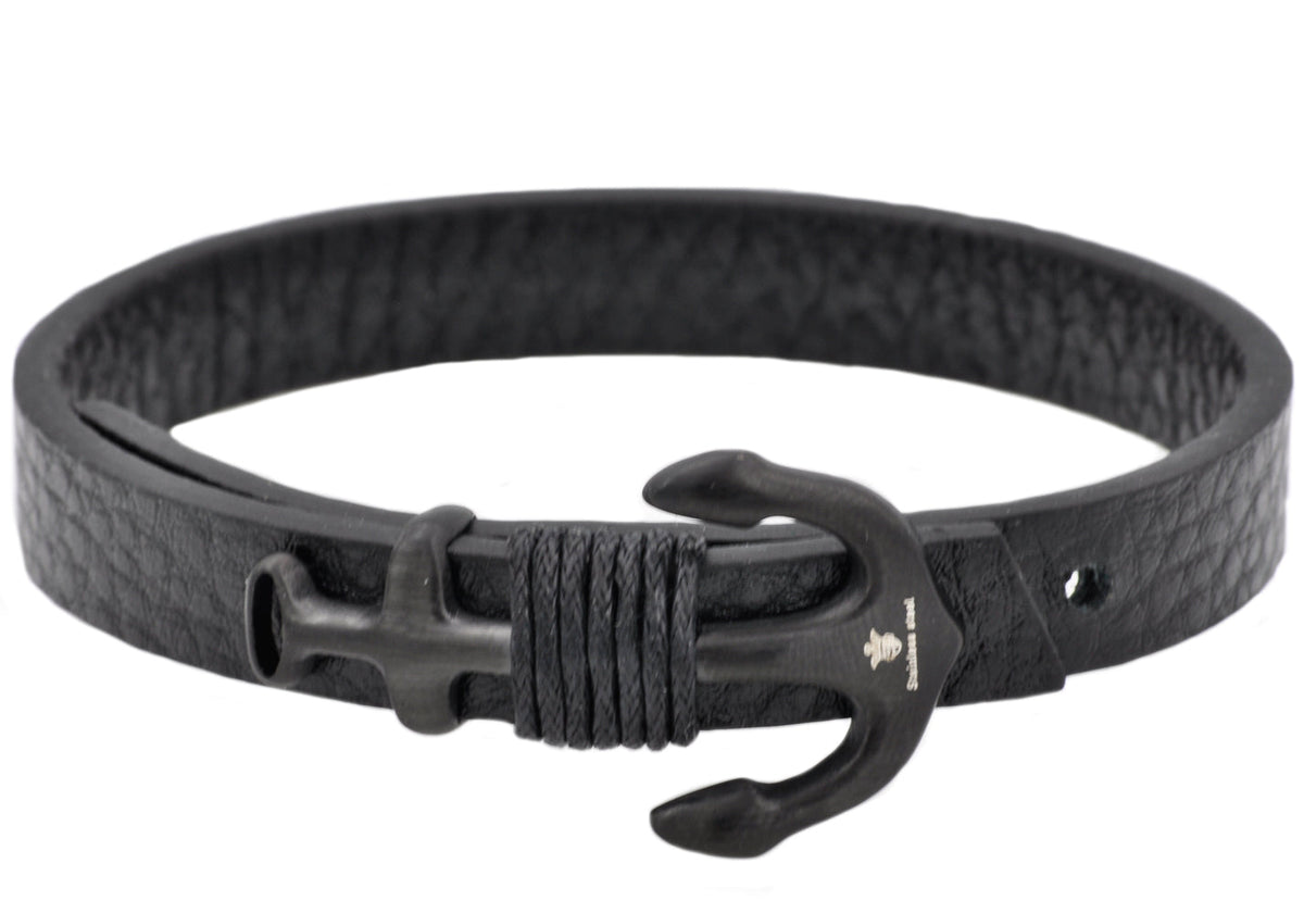 Mens Black Leather Black Stainless Steel Anchor Bracelet With Adjustable Strap