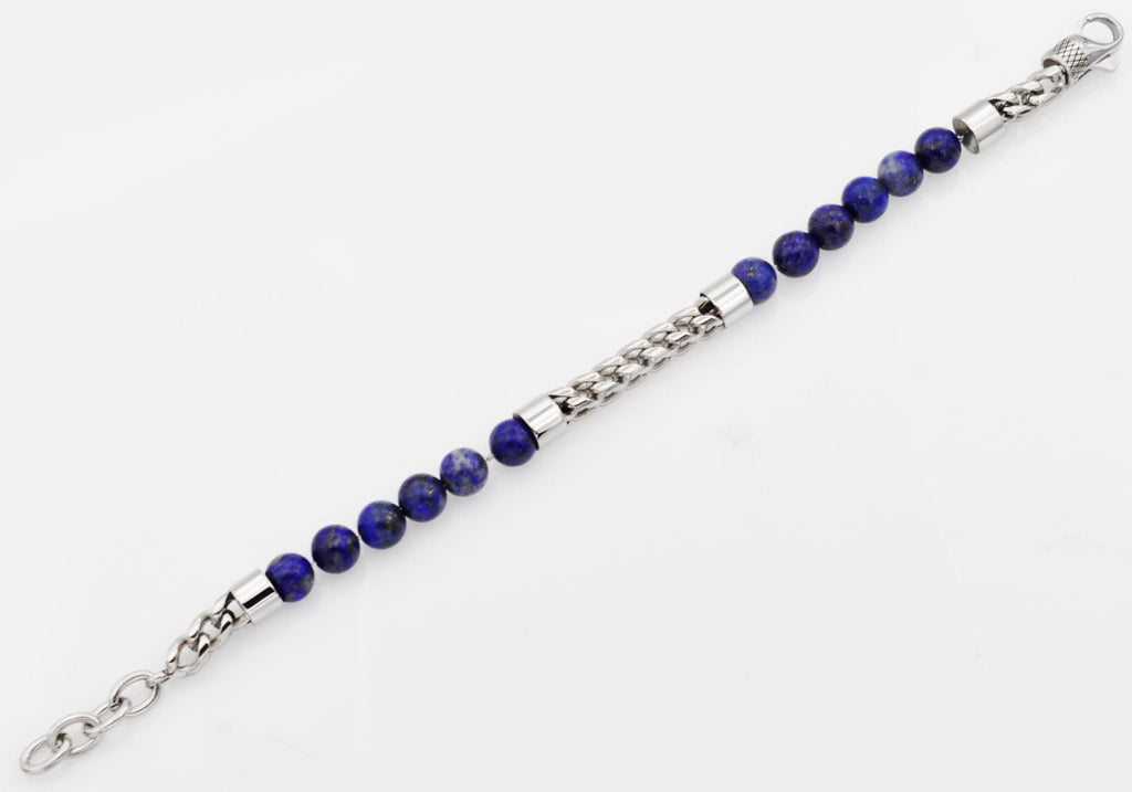 Mens Genuine Lapis Lazuli Stainless Steel Beaded And Franco Link Chain Bracelet With Adjustable Clasp