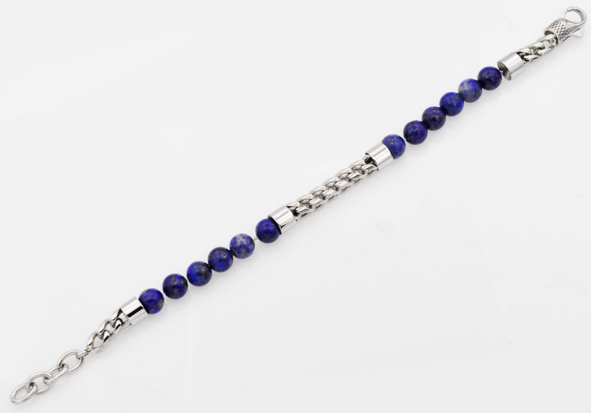 Mens Genuine Lapis Lazuli Stainless Steel Beaded And Franco Link Chain Bracelet With Adjustable Clasp