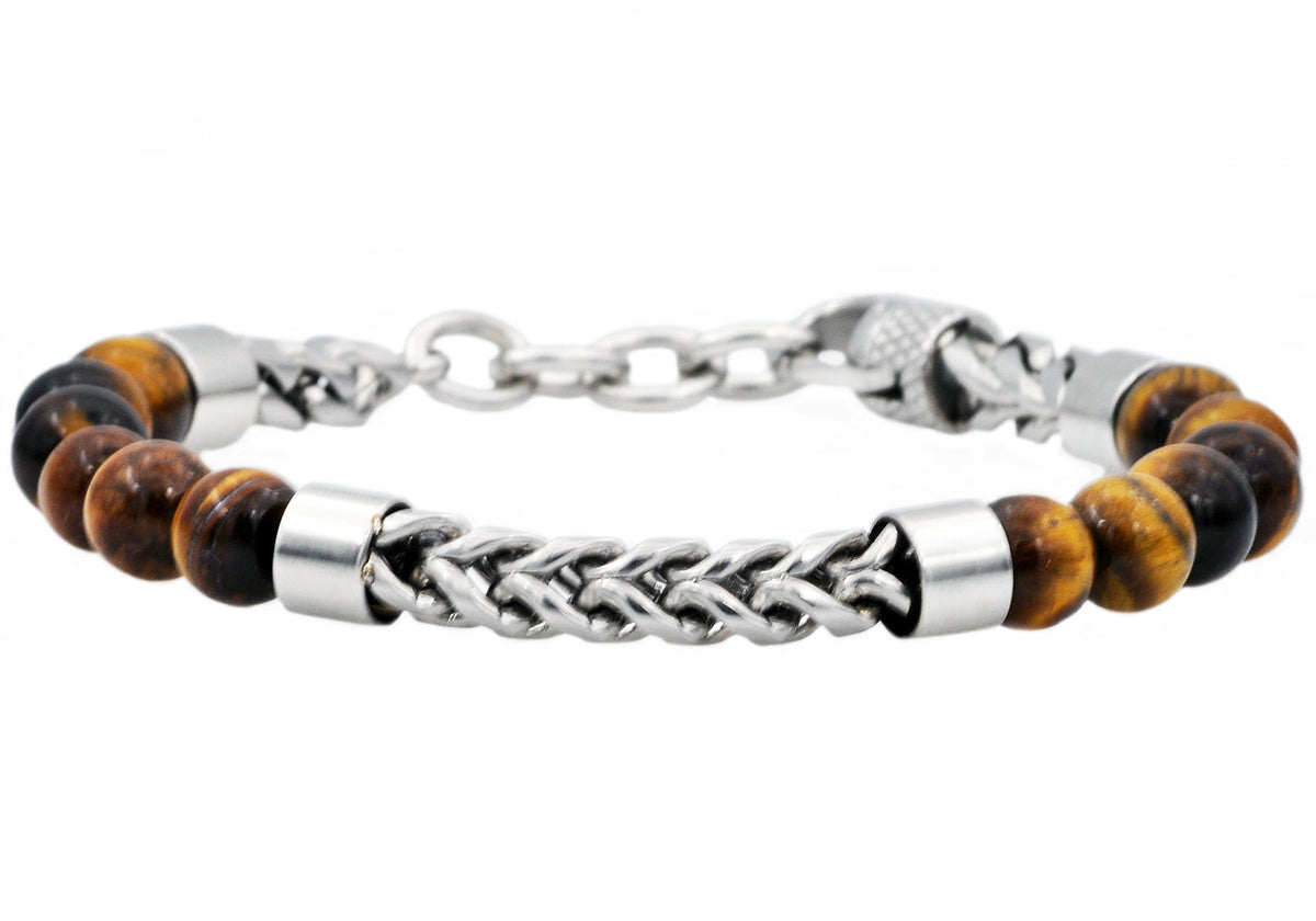 Mens Genuine Tiger Eye Stainless Steel Beaded And Franco Link Chain Bracelet With Adjustable Clasp