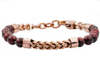 Mens Genuine Red Tiger Eye Chocolate Stainless Steel Beaded And Franco Link Chain Bracelet With Adjustable Clasp