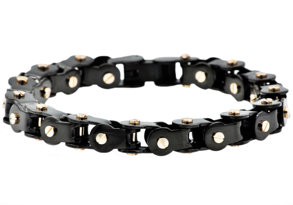 Mens Black Stainless Steel Link Bracelet With Rose Gold Plated Screws