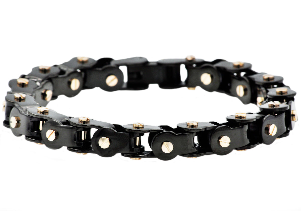 Mens Black Stainless Steel Link Bracelet With Rose Gold Plated Screws