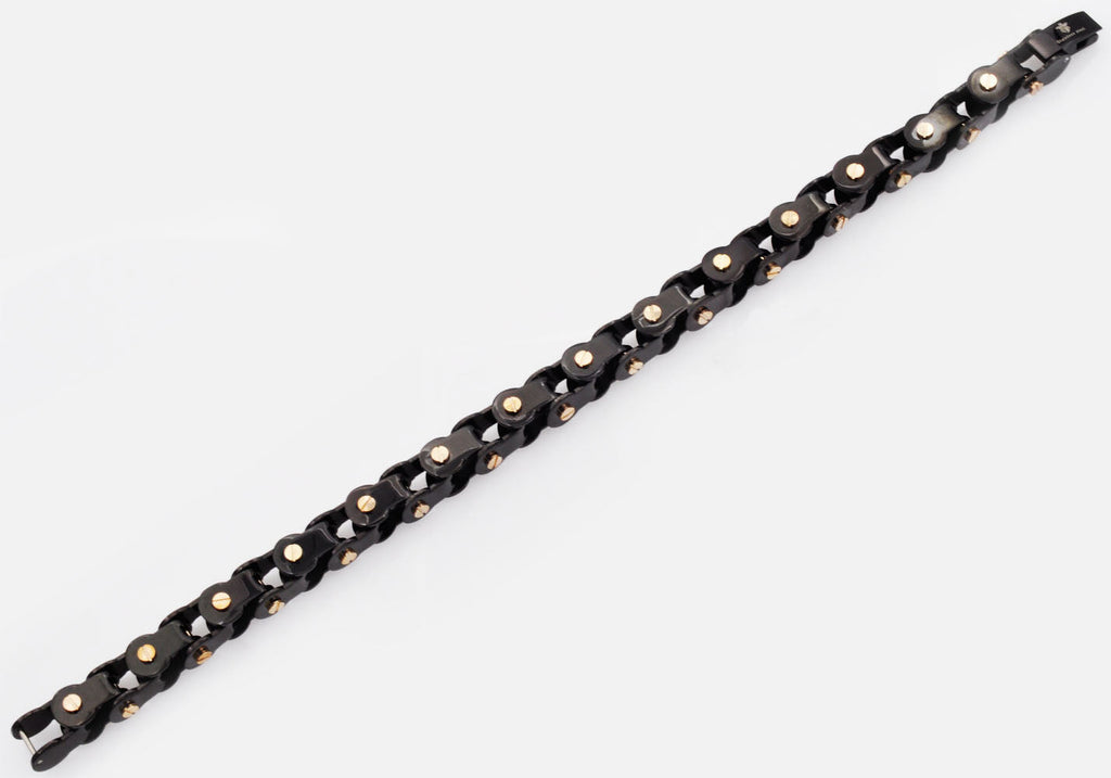 Mens Black Stainless Steel Link Bracelet With Rose Gold Plated Screws