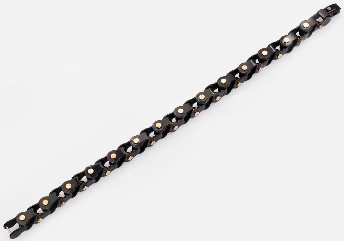 Mens Black Stainless Steel Link Bracelet With Rose Gold Plated Screws