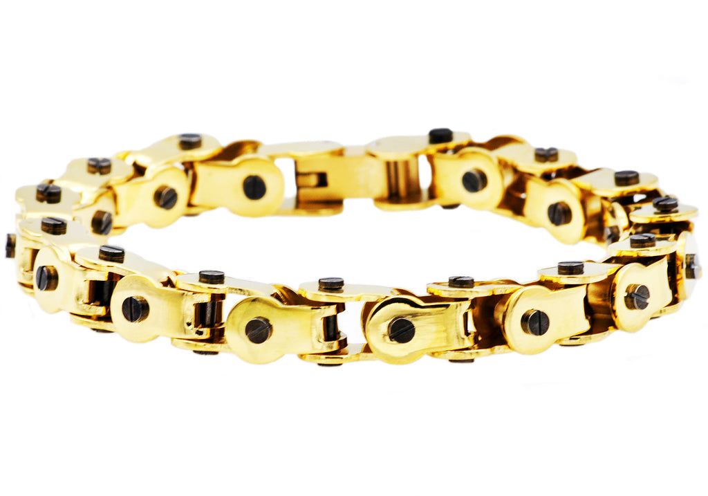 Mens Gold Stainless Steel Bicycle Link Bracelet With Black Screws