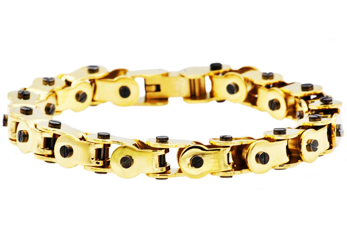 Mens Gold Stainless Steel Bicycle Link Bracelet With Black Screws