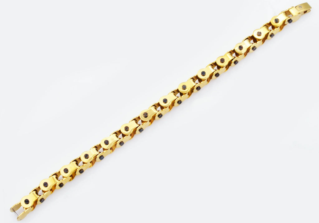 Mens Gold Stainless Steel Bicycle Link Bracelet With Black Screws