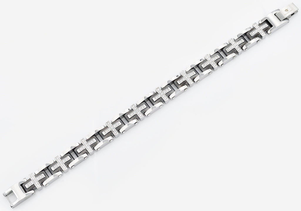 Mens Black Stainless Steel Cross Bracelet With Cubic Zirconia