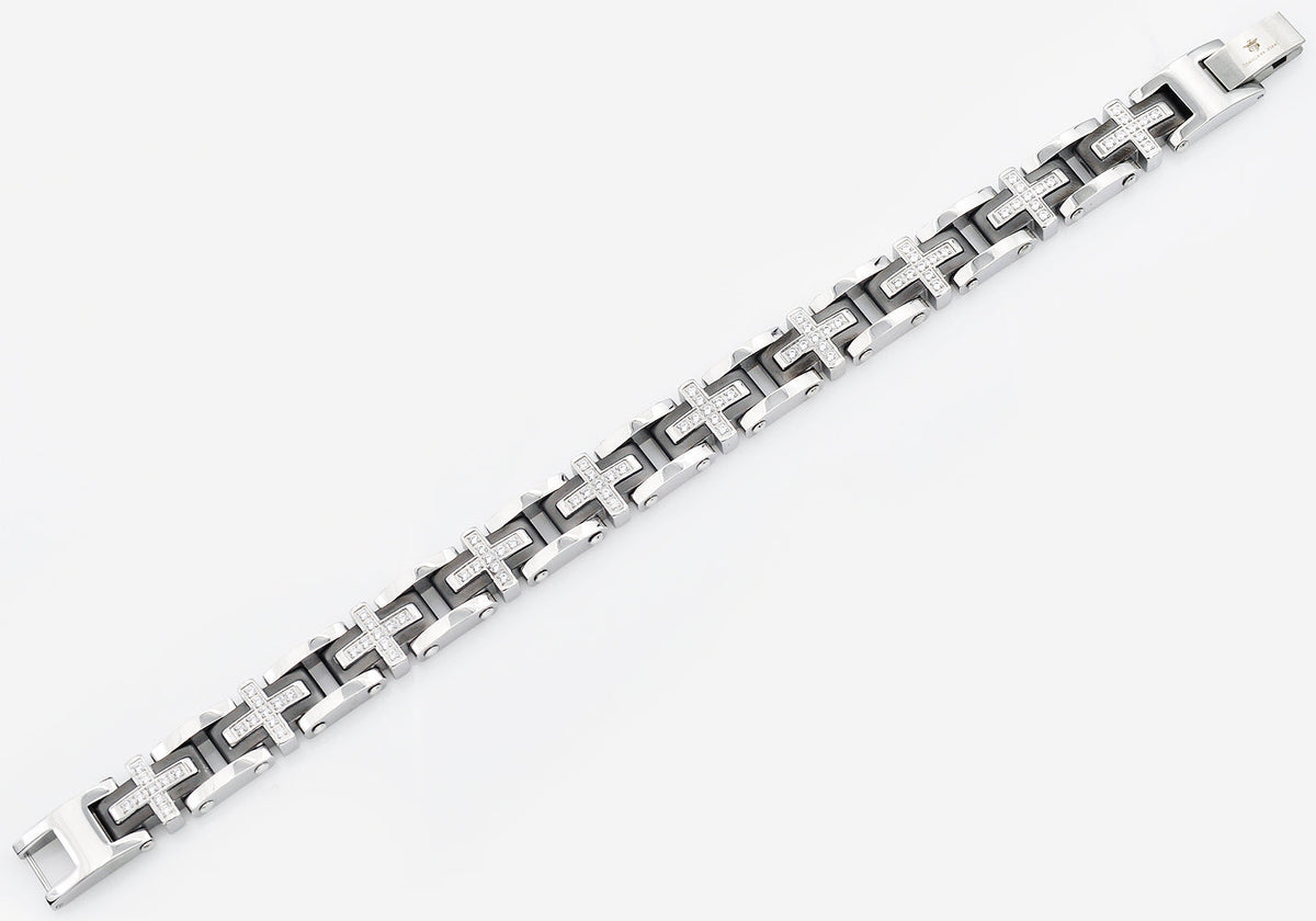 Mens Black Stainless Steel Cross Bracelet With Cubic Zirconia