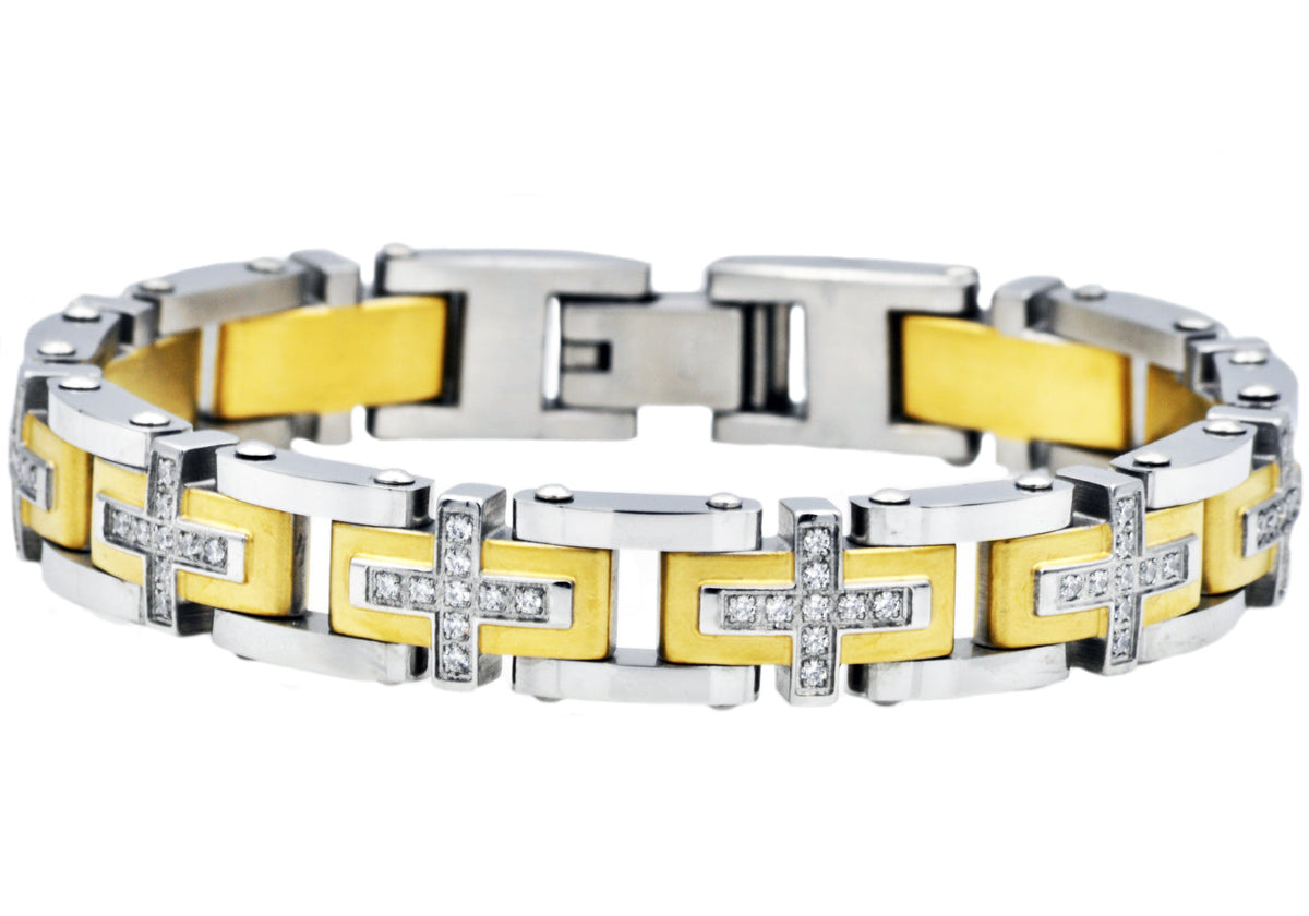 Mens Gold Stainless Steel Cross Bracelet With Cubic Zirconia