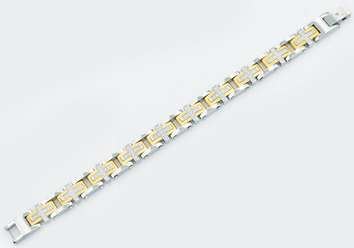Mens Gold Stainless Steel Cross Bracelet With Cubic Zirconia