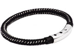 Mens Black Leather And Black Stainless Steel Bracelet