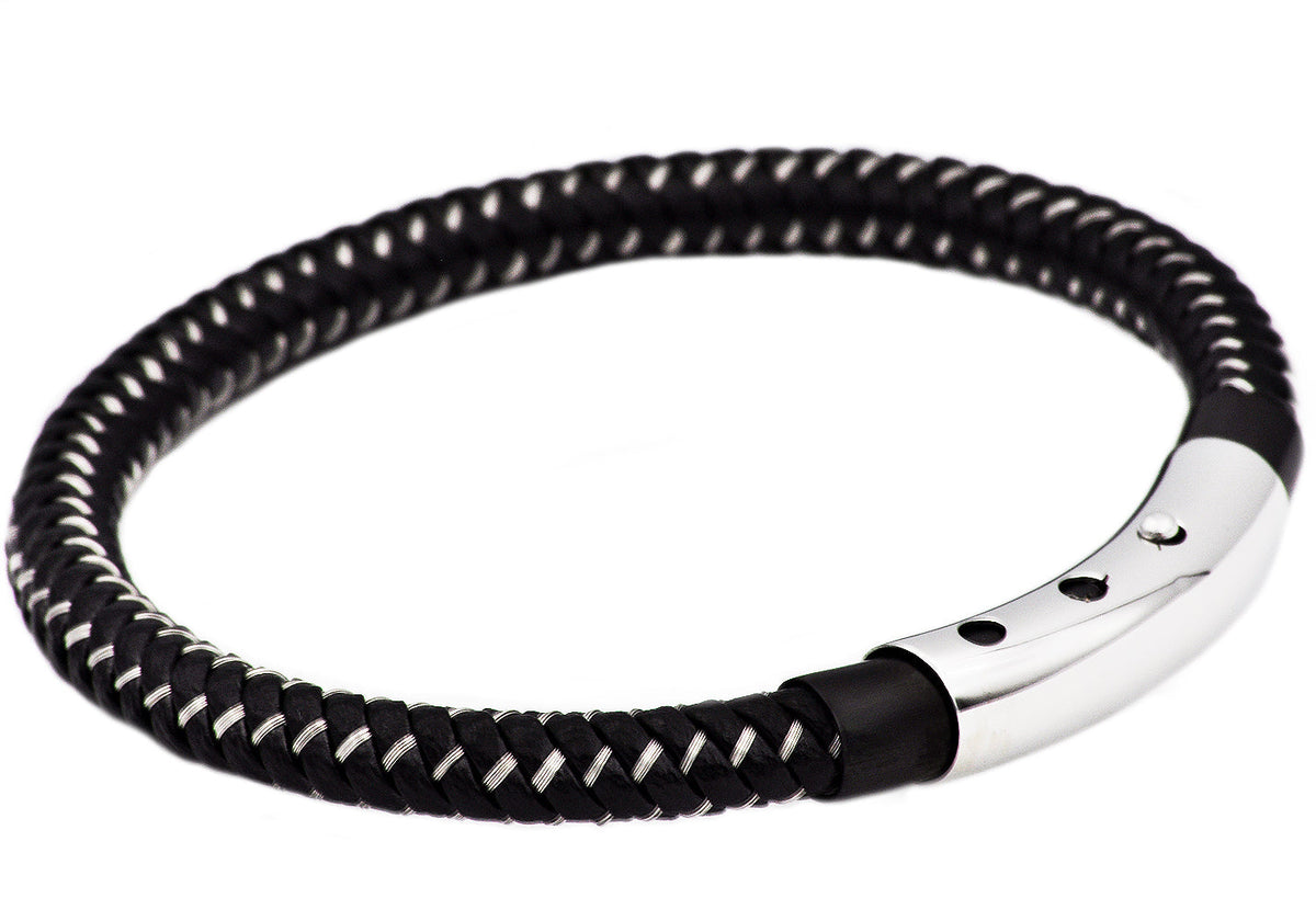 Mens Black Leather And Black Stainless Steel Bracelet