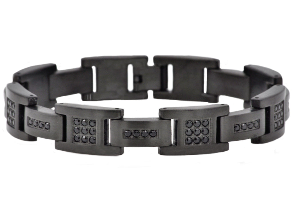 Mens Matte Black  Stainless Steel Bracelet With Cubic Zirconia