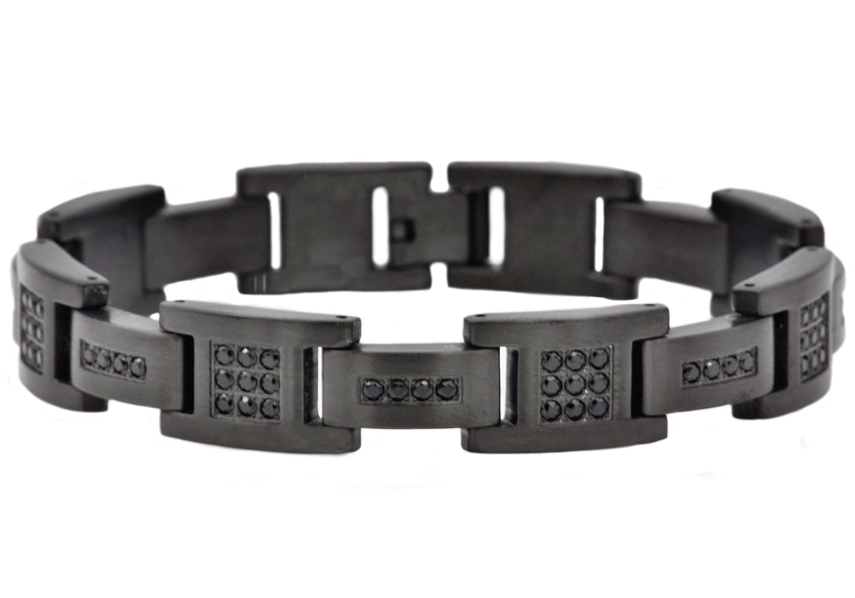 Mens Matte Black  Stainless Steel Bracelet With Cubic Zirconia
