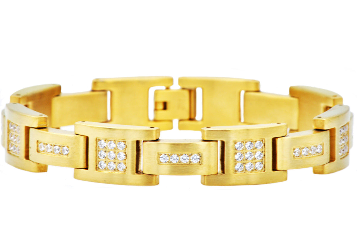 Mens Matte Gold Stainless Steel Bracelet With Cubic Zirconia