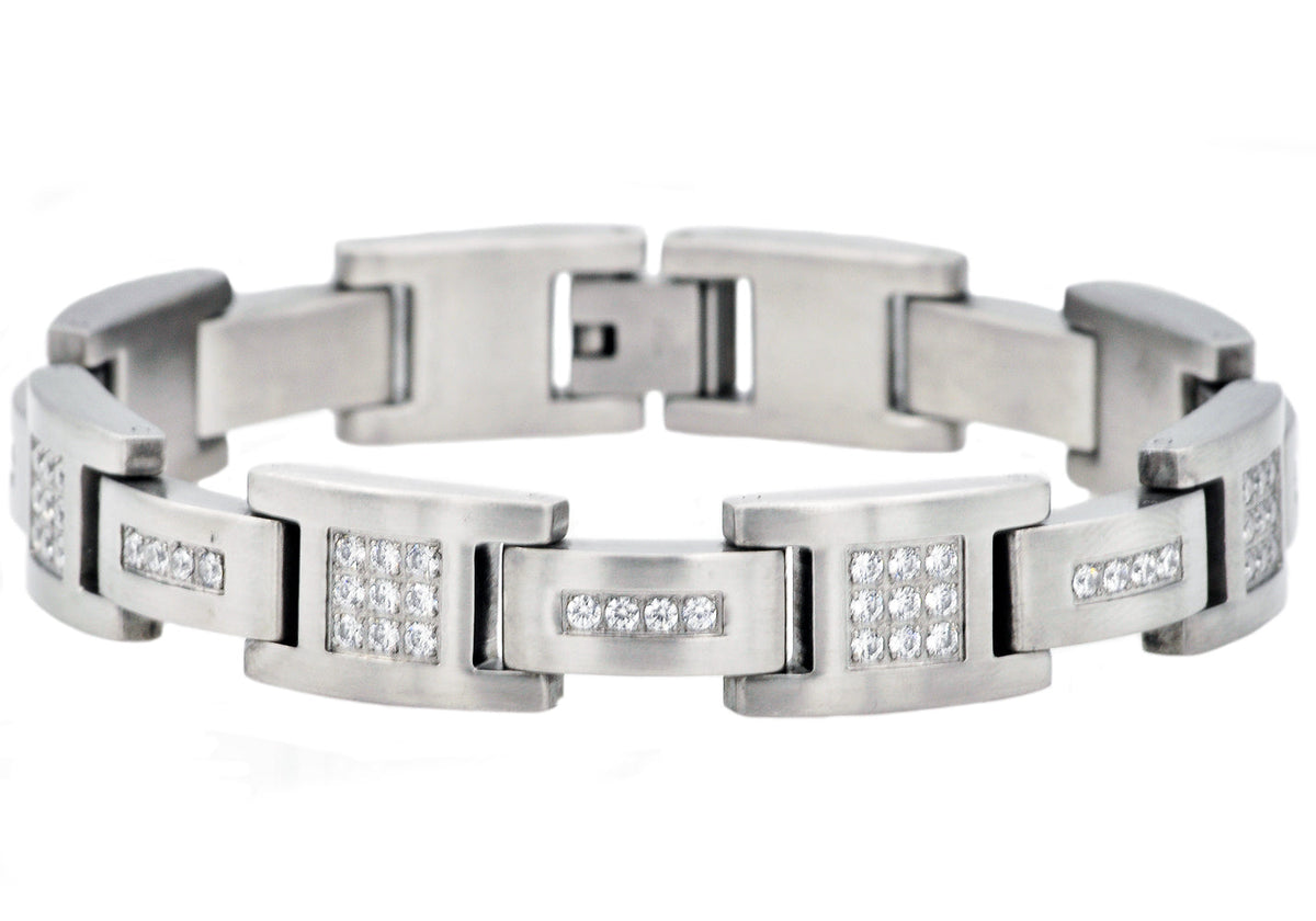 Mens Matte Stainless Steel Bracelet With Cubic Zirconia