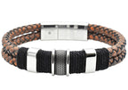 Mens Double Strand Genuine Brown Distressed Leather Stainless Steel Bracelet