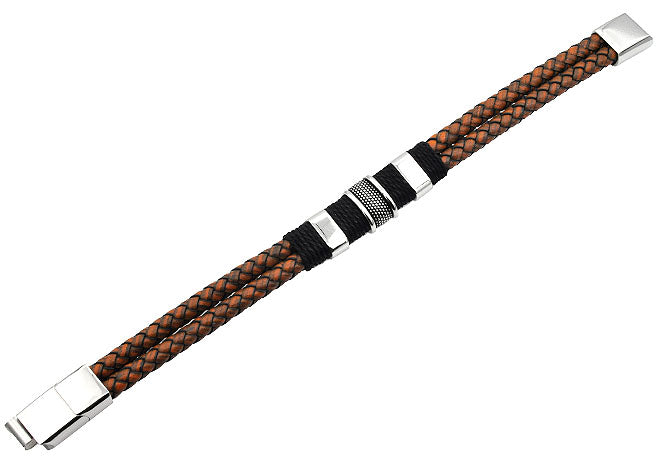 Mens Double Strand Genuine Brown Distressed Leather Stainless Steel Bracelet