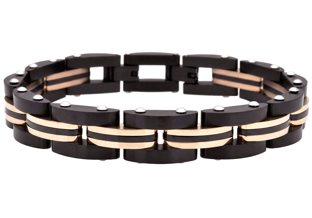 Mens Two Toned Striped Black and Rose Stainless Steel Bracelet