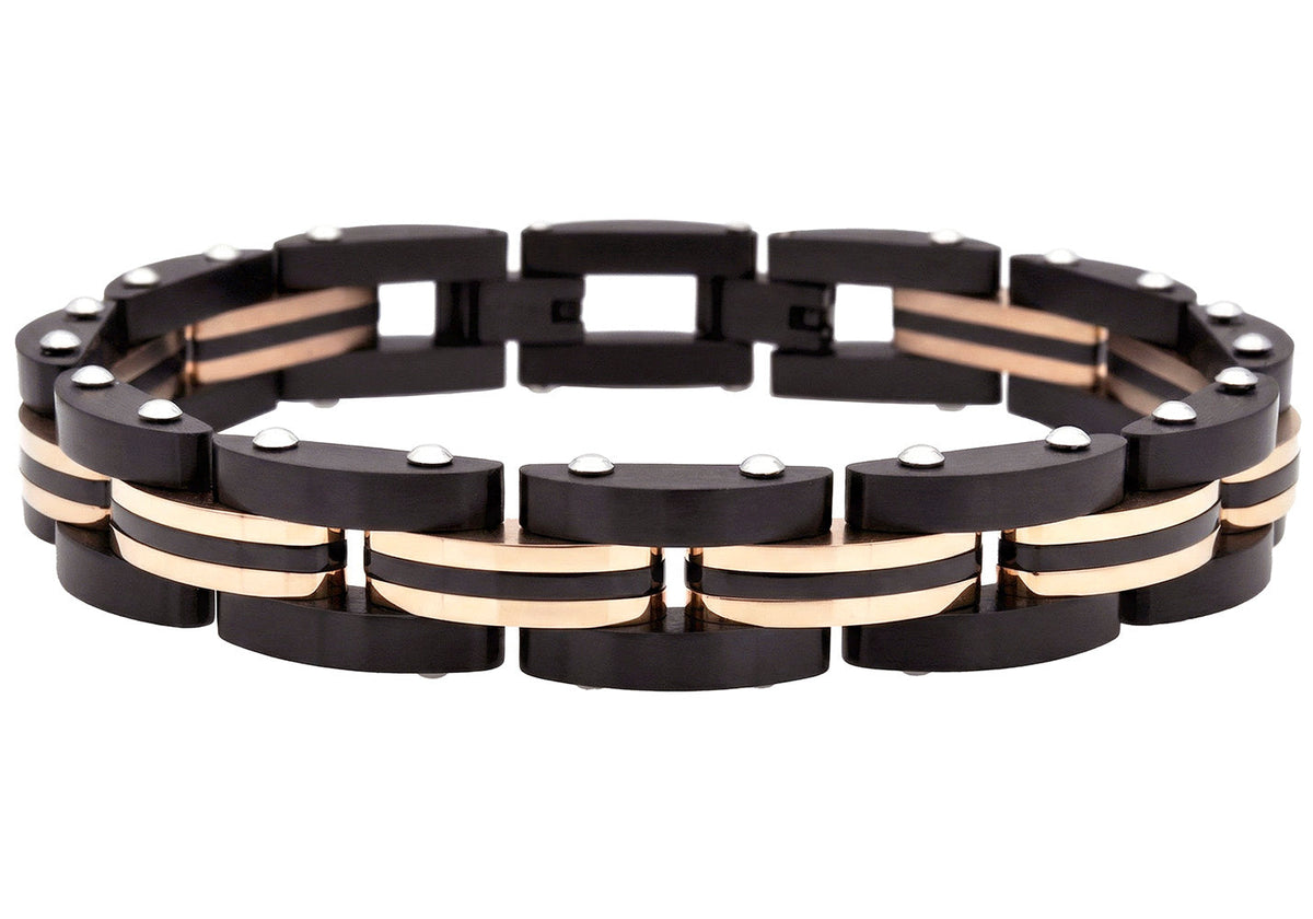 Mens Two Toned Striped Black and Rose Stainless Steel Bracelet