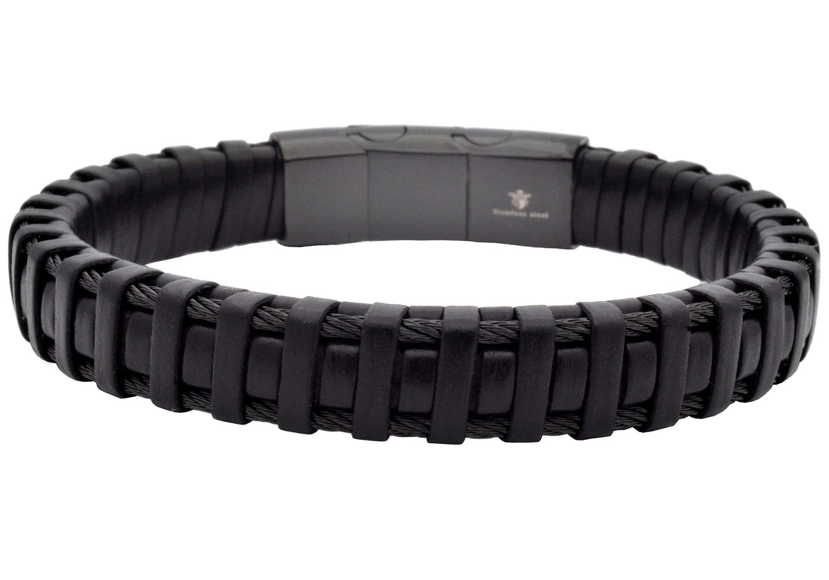 Mens Braided Black Leather Stainless Steel Cable Bracelet