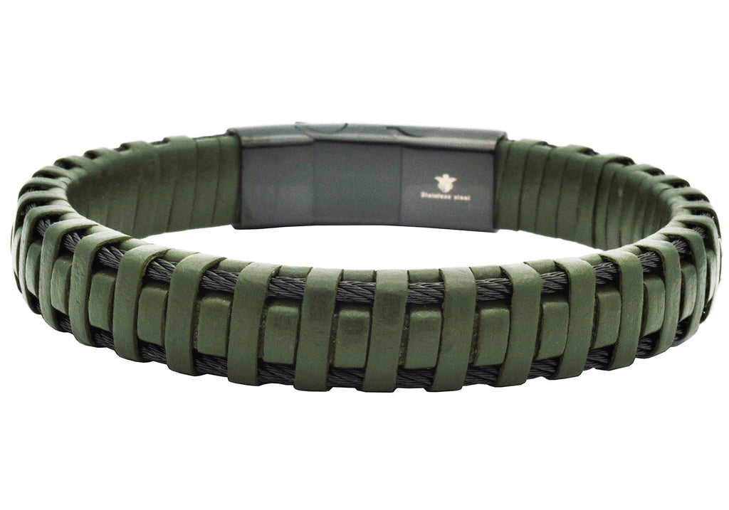 Mens Braided Green Leather Stainless Steel Cable Bracelet