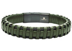 Mens Braided Green Leather Stainless Steel Cable Bracelet