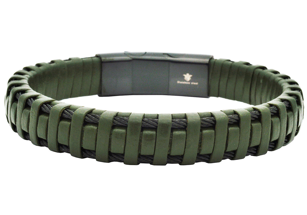 Mens Braided Green Leather Stainless Steel Cable Bracelet