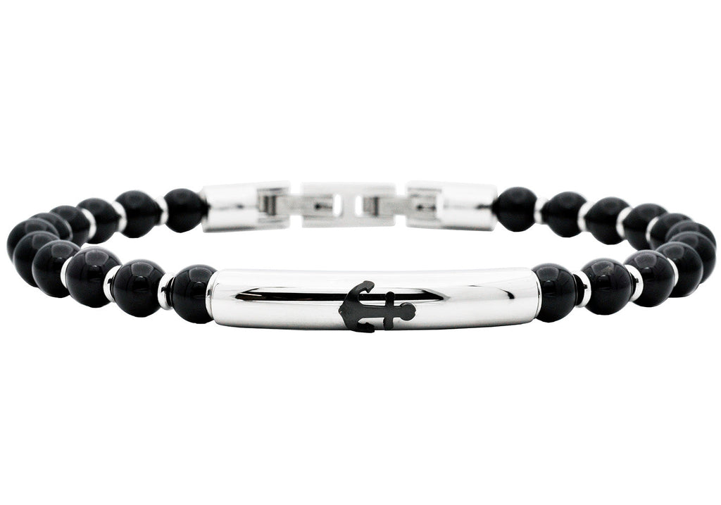Mens Genuine Onyx 6mm Bead Stainless Steel Bracelet a Anchor Badge