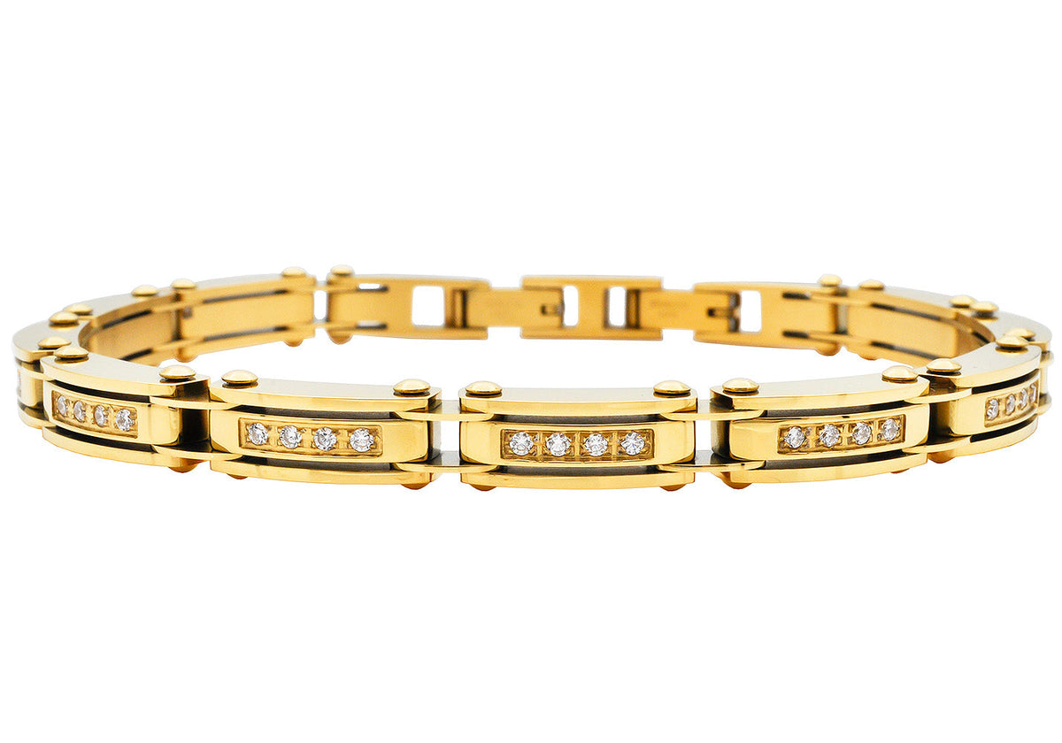 Mens Thin Gold Stainless Steel Bracelet With Cubic Zirconia