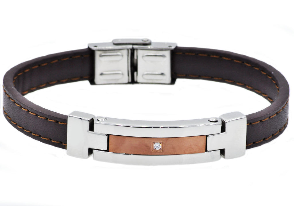 Mens Brown Leather And Stainless Steel Bracelet With Cubic Zirconia