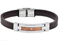 Mens Brown Leather And Stainless Steel Bracelet With Cubic Zirconia