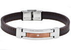 Mens Brown Leather And Stainless Steel Bracelet With Cubic Zirconia