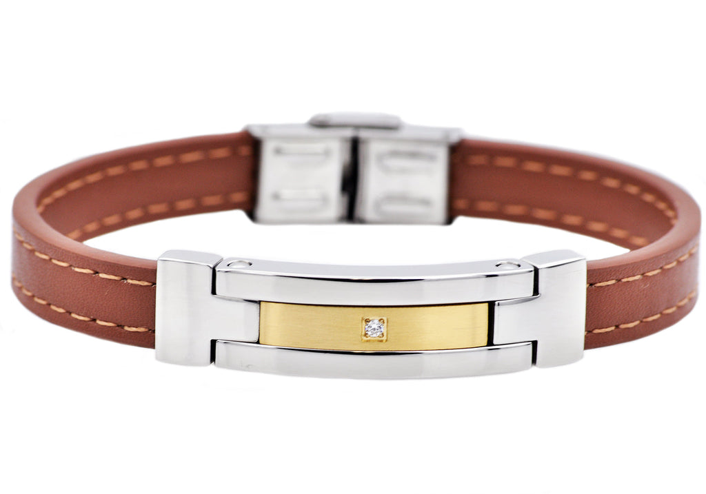 Mens Brown Leather And Gold Stainless Steel Bracelet With Cubic Zirconia