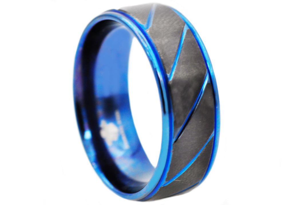 Mens Black And Blue Stainless Steel 8mm Etched Striped Ring