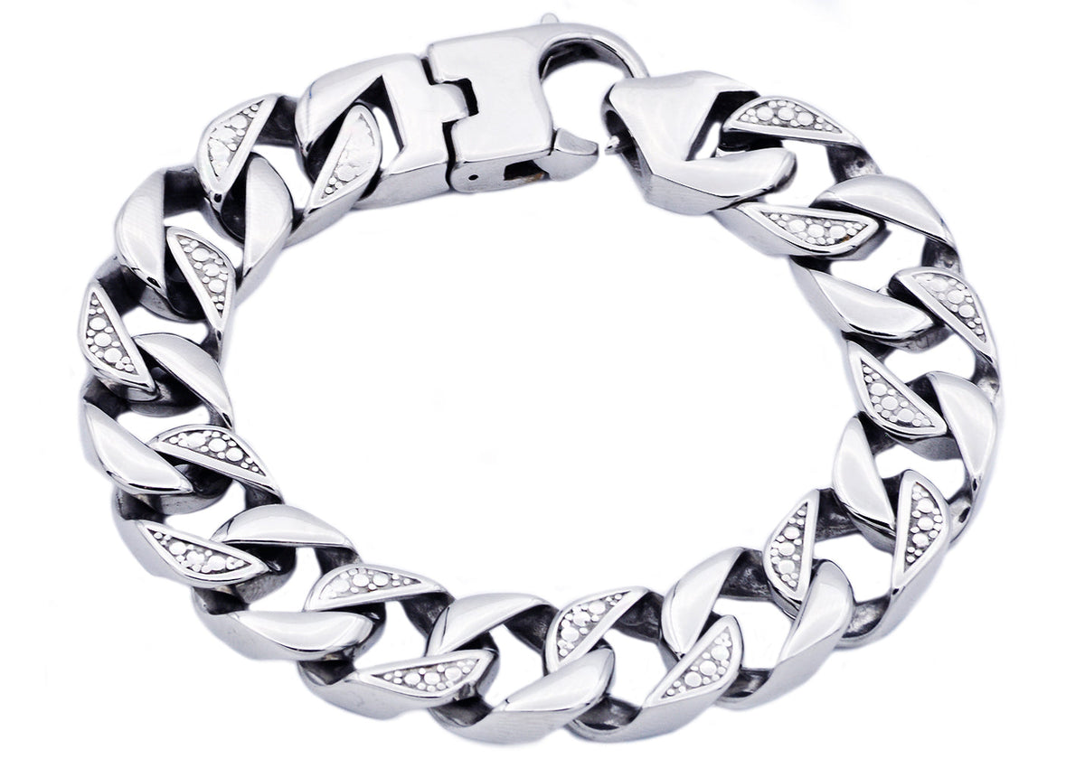 Mens Stainless Steel Pave Curb Link Chain Bracelet