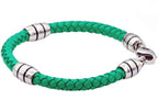 Mens Green Leather Stainless Steel Bracelet