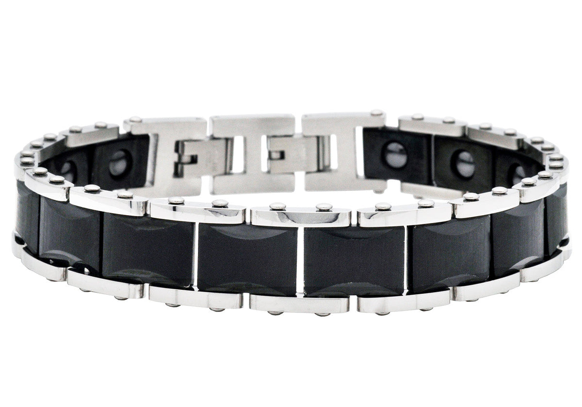 Mens 10mm Two-Tone Black Plated Tungsten Link Bracelet