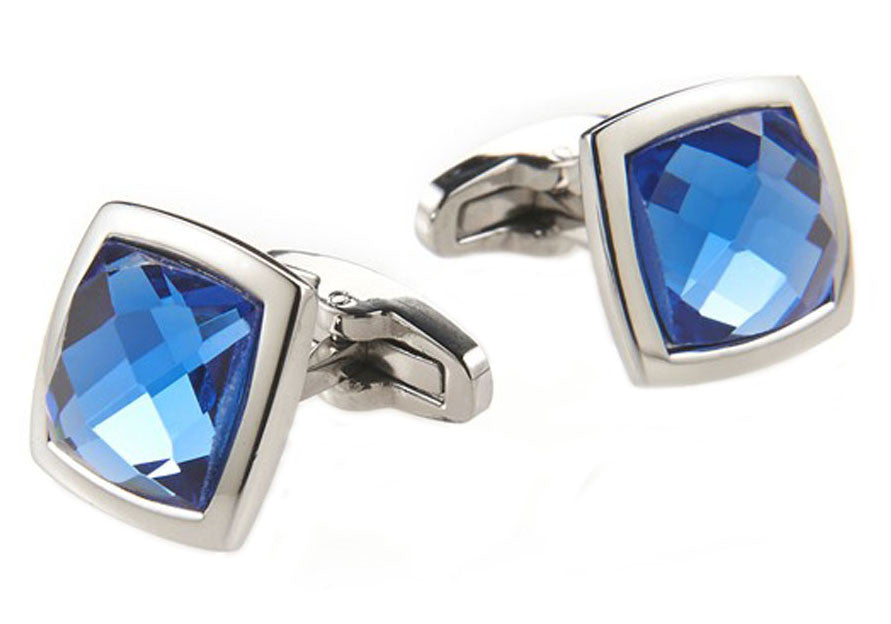 Mens Stainless Steel Cuff Links With Blue Crystals