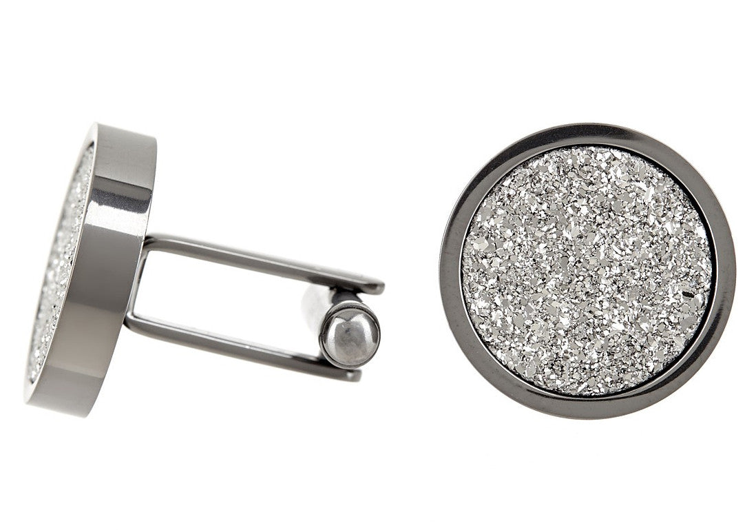 Mens Stainless Steel Cuff Links With Silver Druzi Quartz